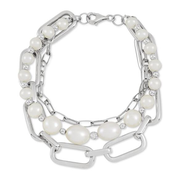 Cultured Freshwater Pear Three Layer Paperclip Chain Bracelet Sterling Silver#52 - Picture 1 of 1